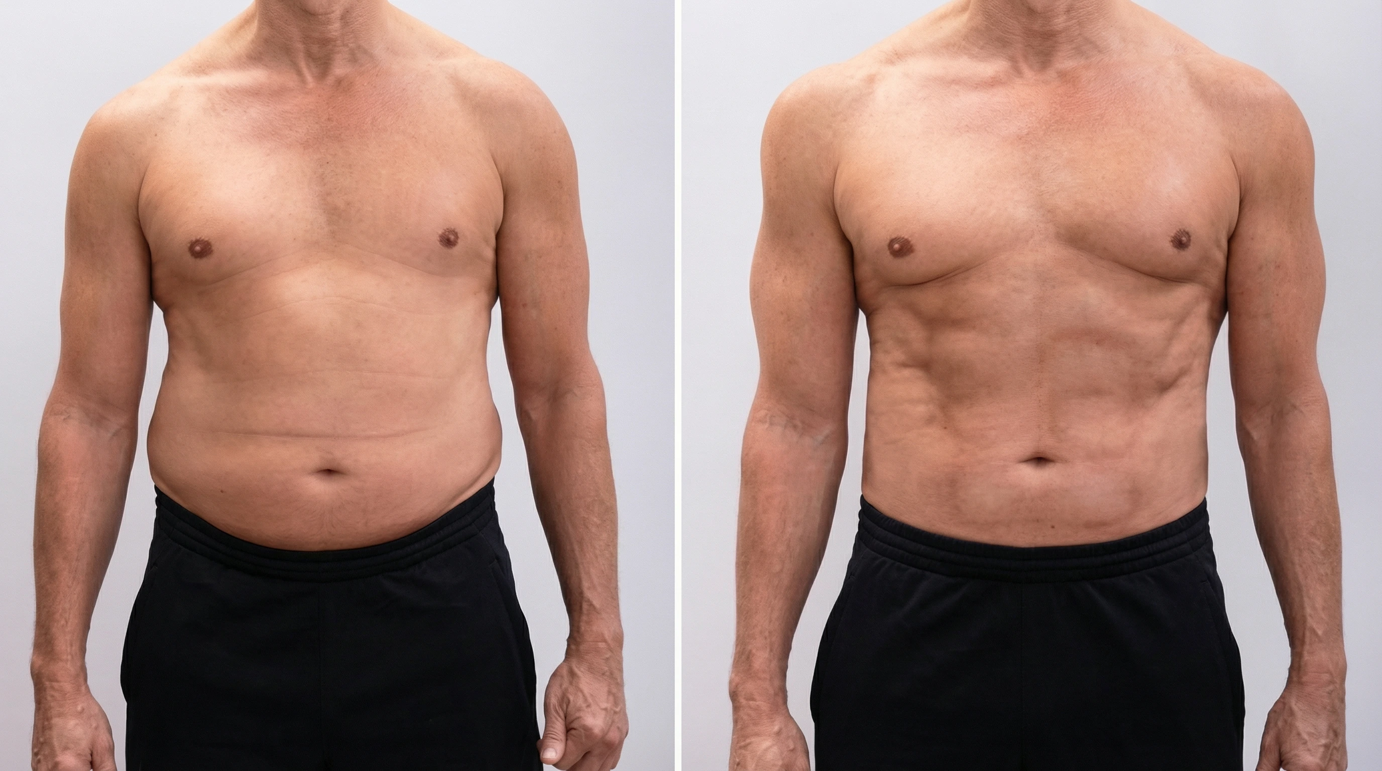 Male body sculpting before and after showing visible fat reduction and improved muscle definition on torso