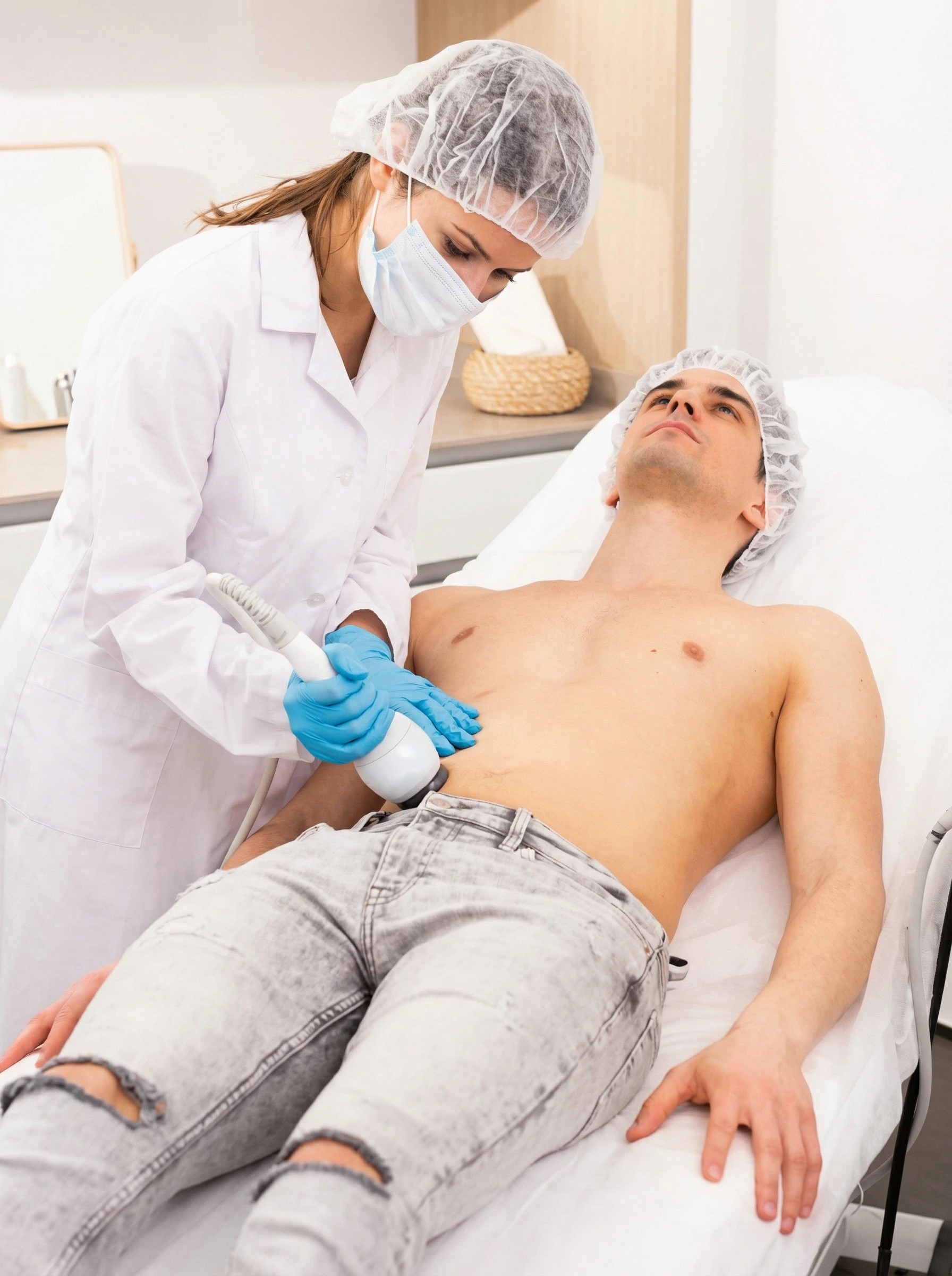 Clinician performing BioSculpt body contouring treatment on male patient using ultrasound device